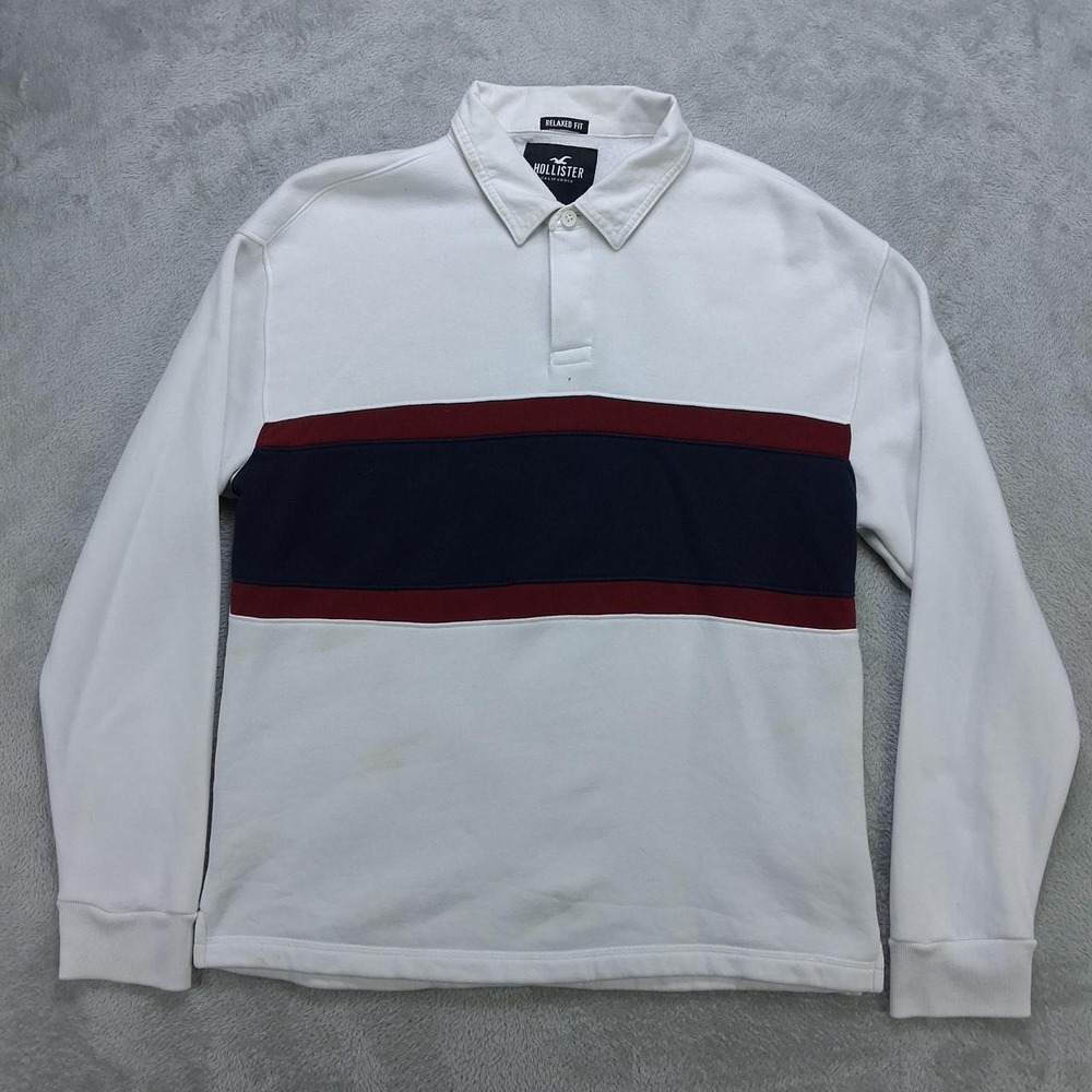 Hollister Mens Small Relaxed Fit Rugby Pullover Sweatshirt White Navy Red